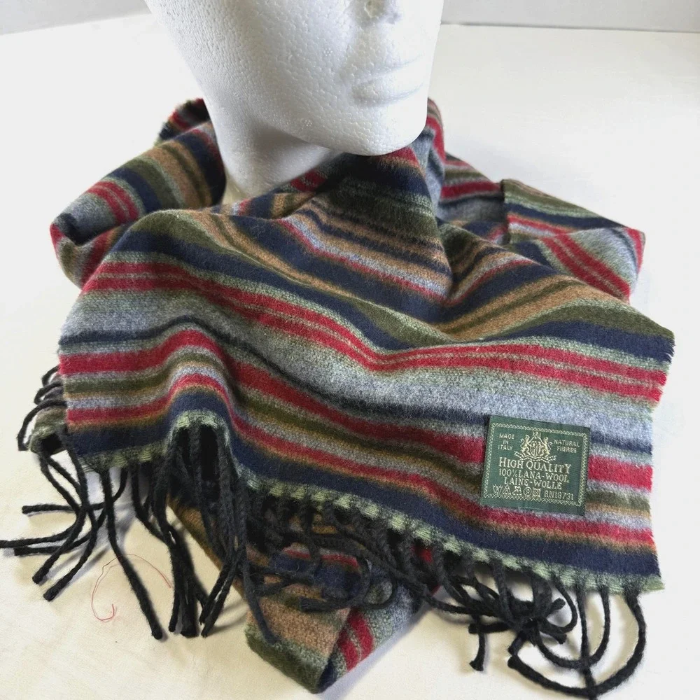 Vintage Imperial Handkerchief Co. 100% Wool Striped Scarf Made in Italy Fringes